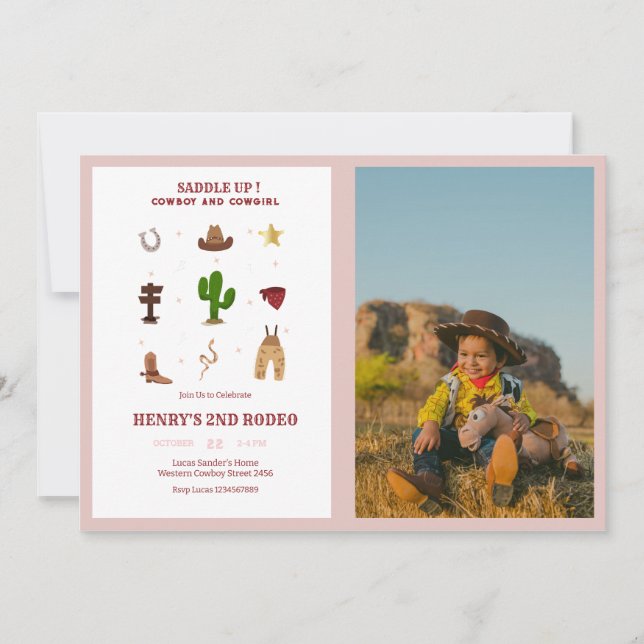 Pink Any Year Rodeo Cowboy Kids Birthday Photo Invitation (Front)