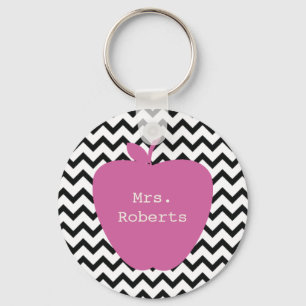 Pink Apple Black Chevron Teacher Key Ring