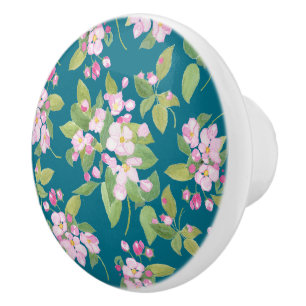 Pink Apple Blossom Floral on Dark Blue Background Ceramic Knob