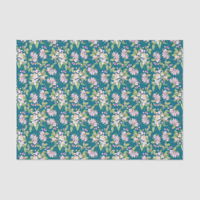 Pink Apple Blossom Floral Pattern on Dark Blue Tissue Paper (Front)