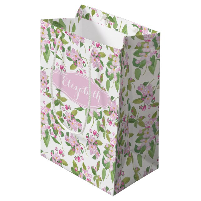 Pink Apple Blossom Floral Pattern on White Medium Gift Bag (Front Angled)