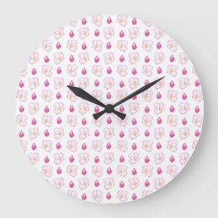 Pink Apple Blossom Flowers and Buds, White Large Clock