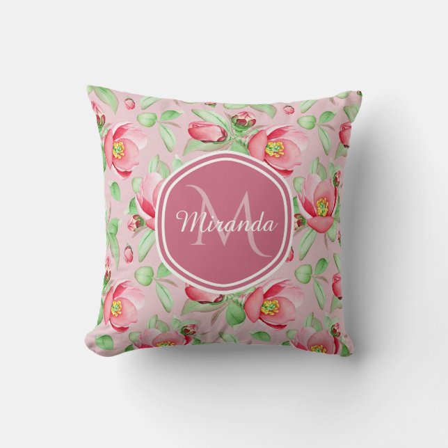 Pink Apple Blossom Monogram Cushion (Front)