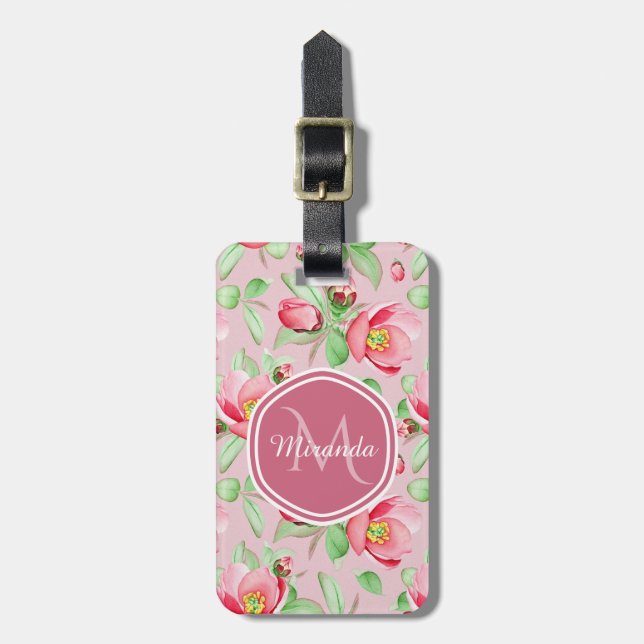 Pink Apple Blossom Monogram Luggage Tag (Front Vertical)