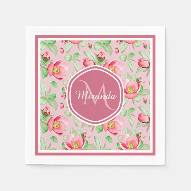 Pink Apple Blossom Monogram Napkin (Front)