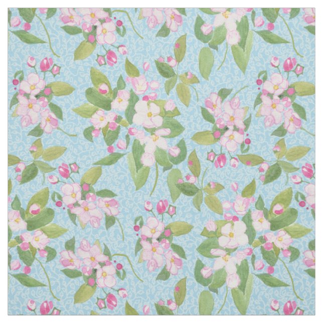 Pink Apple Blossom on Sky Blue Leafy Background Fabric (Swatch)