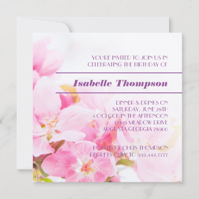 Pink Apple Blossoms Birthday Party Invitation (Front)