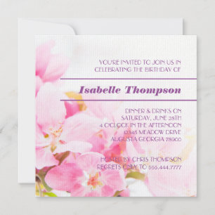 Pink Apple Blossoms Birthday Party Invitation