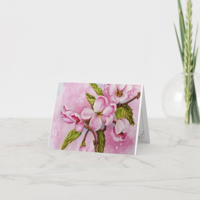 Pink Apple Blossoms in Watercolor Thank You Card (Front)