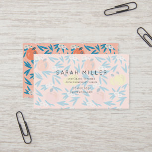Pink Apple Floral Pattern Teacher Business Card