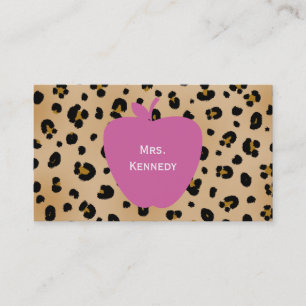 Pink Apple Leopard Print Teacher Business Card
