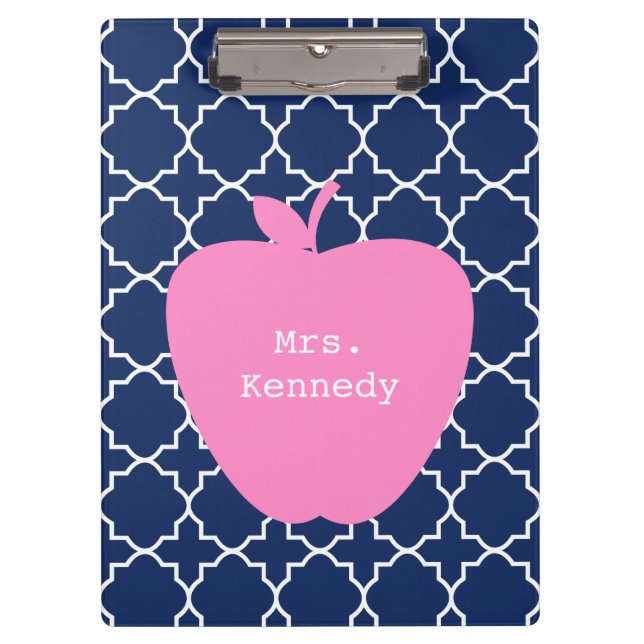 Pink Apple Navy Quatrefoil Clipboard (Front)