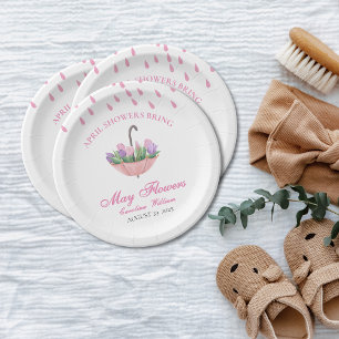Pink April Showers Bring May Flower Baby Shower Paper Plate