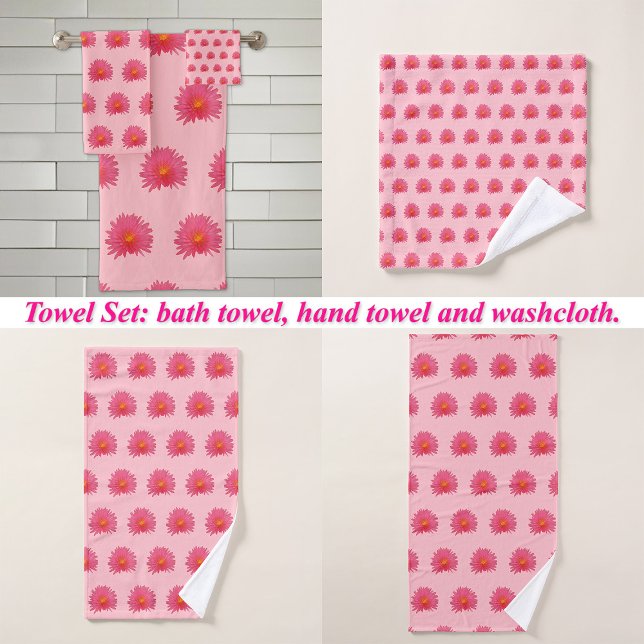 Pink Aptenia Flower Seamless Pattern on Bath Towel Set (Pink Aptenia flower seamless pattern on bath towel set: wash cloth, hand towel and bath towel)