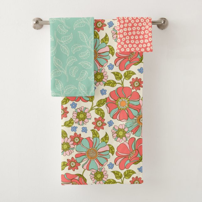 Pink Aqua 70's Retro Floral  Bath Towel Set (Insitu)