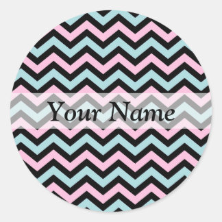 Pink aqua and black chevron classic round sticker
