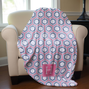 Pink Aqua and Blue Pattern Monogrammed Fleece Blanket