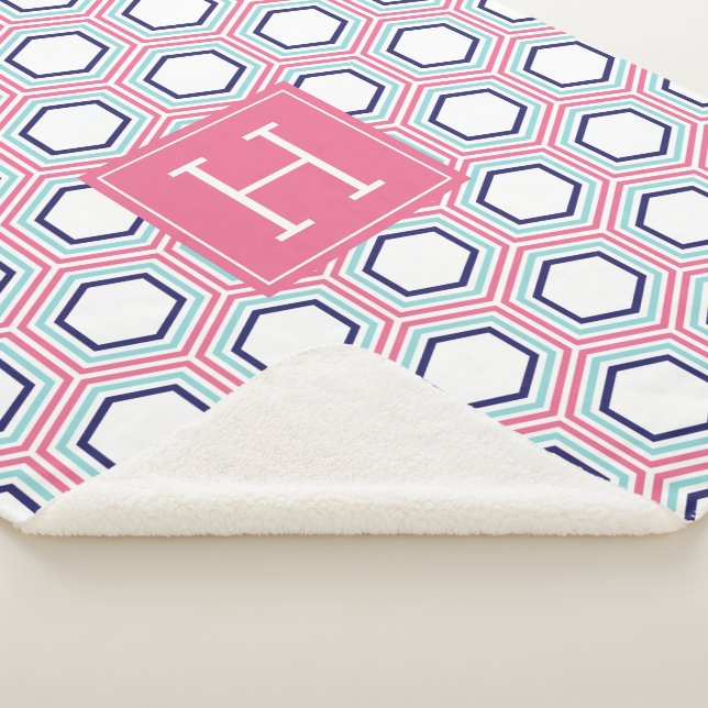 Pink Aqua and Blue Pattern Monogrammed Sherpa Blanket (3/4)