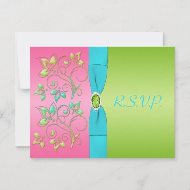 Pink, Aqua, and Lime Floral Reply Card (Front)