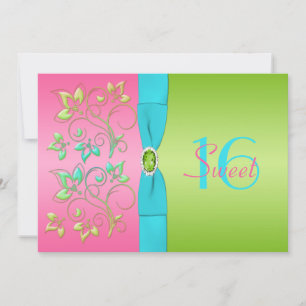 Pink, Aqua, and Lime Sweet Sixteen Invitation