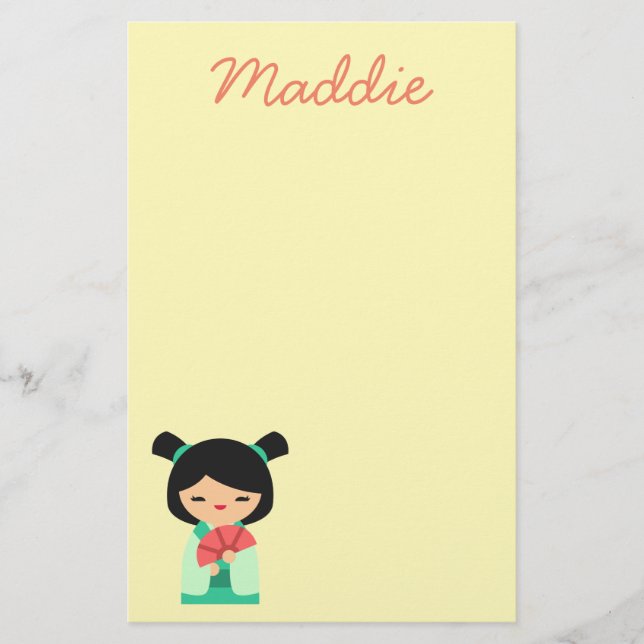 Pink aqua and peach Kokeshi Japanese dolls Stationery (Front)