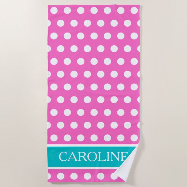 Pink Aqua and White Polka Dot Personalised  Beach Towel (Front)