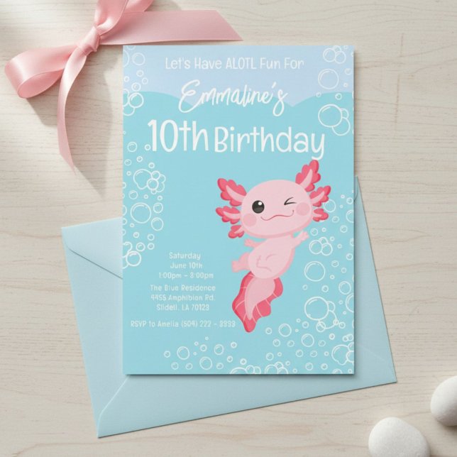 Pink Aqua Axolotl 10th Birthday Party Invitation (Creator Uploaded)