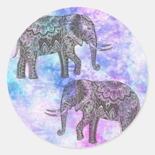 Pink Aqua Black Elephant Bright Tribal Classic Round Sticker