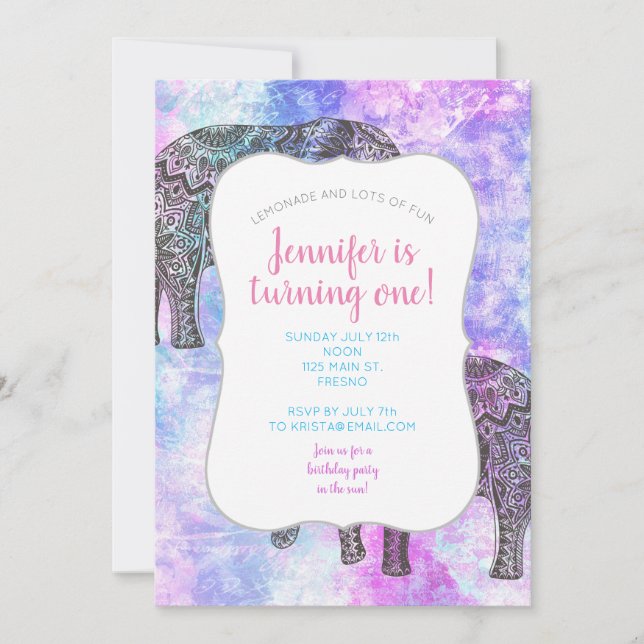 Pink Aqua Black Elephant Bright Tribal             Invitation (Front)
