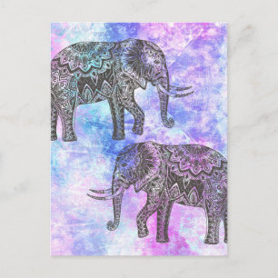Pink Aqua Black Elephant Bright Tribal Postcard