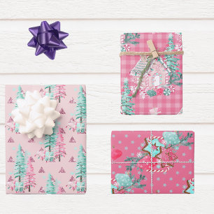 Pink Aqua Blue Colourful Christmas Gingerbread Tre Wrapping Paper Sheet