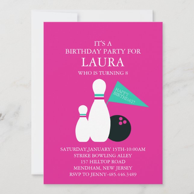 Pink & Aqua Bowling Party Birthday Invitation (Front)