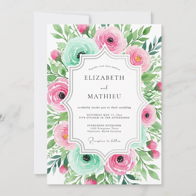 Pink Aqua Ethereal Floral Wedding Invitation (Front)