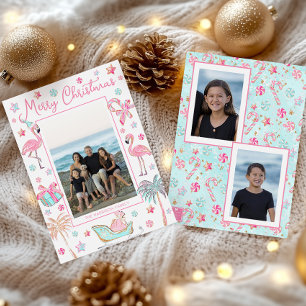 Pink & Aqua Flamingo Beach Christmas Photo Holiday Card