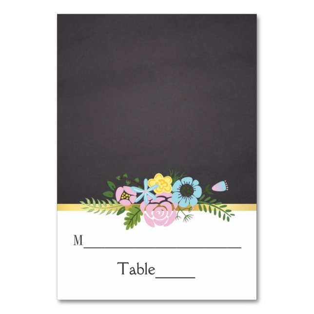 Pink, aqua floral chalkboard wedding place card (Front)