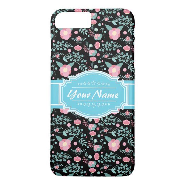 Pink Aqua Floral Pattern in Black Personalised Case-Mate iPhone Case (Back)