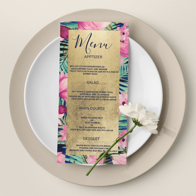 Pink aqua gold navy blue floral Wedding Menu (Pink aqua gold navy blue floral Wedding Menu)