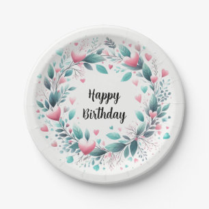 Pink Aqua Heart Birthday Wreath Paper Plate