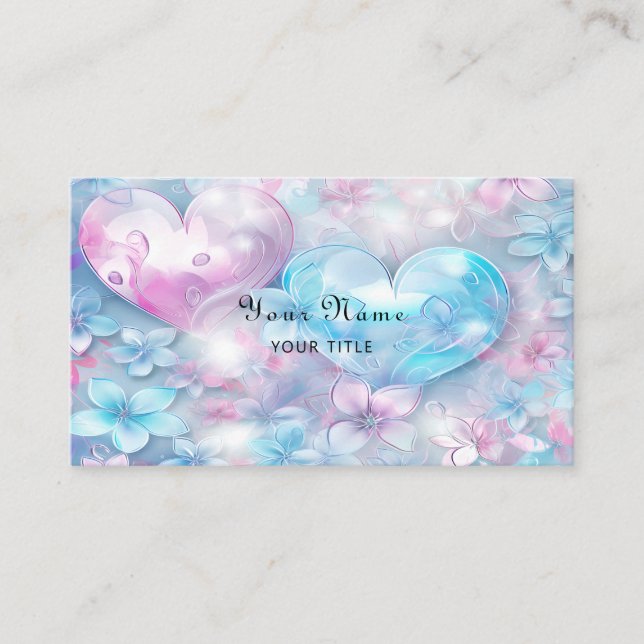 Pink Aqua Hearts and Flowers Business Card (Front)