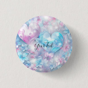 Pink Aqua Hearts and Flowers Button