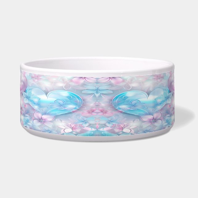 Pink Aqua Hearts and Flowers Ceramic Pet Bowl (Front)