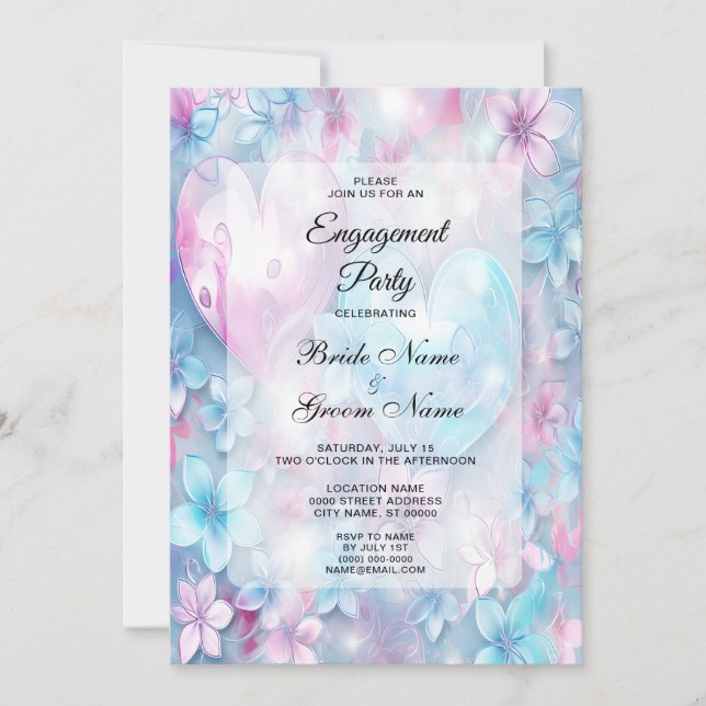 Pink Aqua Hearts and Flowers Engagement Invitation (Front)