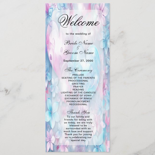 Pink Aqua Hearts and Flowers Wedding Program Programme (Front)