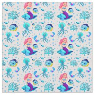 Pink Aqua Mermaid on Seashell Underwater Fish Fabric