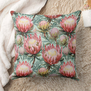 Pink Aqua Protea Flowers Fynbos Tiled Print Design Cushion