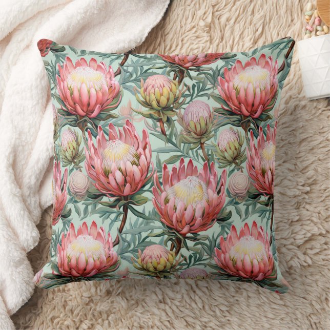Pink Aqua Protea Flowers Fynbos Tiled Print Design Cushion (Blanket)