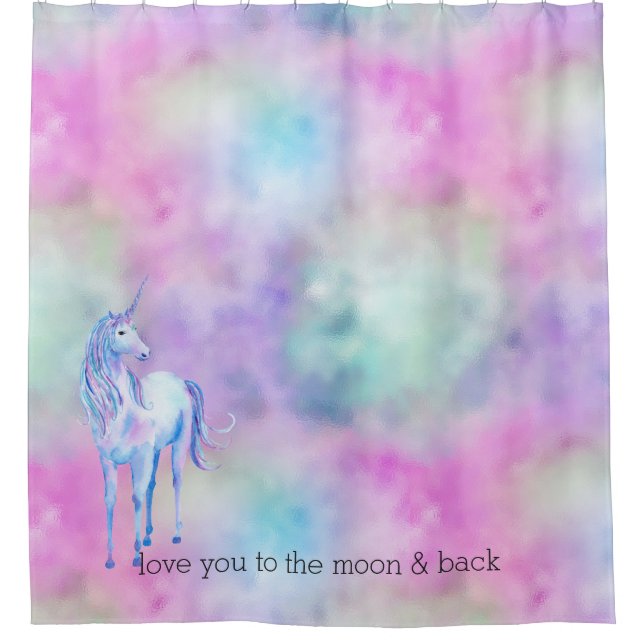 Pink Aqua Purple White Unicorn  Shower Curtain (Front)