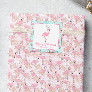 Pink & Aqua Santa Flamingo Beach Christmas Gift Card
