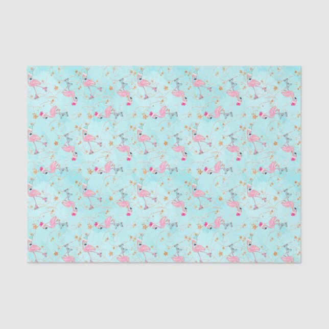 Pink & Aqua Skating Flamingos Christmas Tissue Paper (Front)