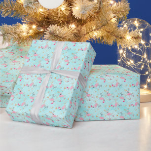 Pink & Aqua Skating Flamingos Christmas Wrapping Paper